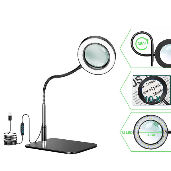 10X Desk Magnifier with LED Light – Dimmable Eye-Care  Black Base