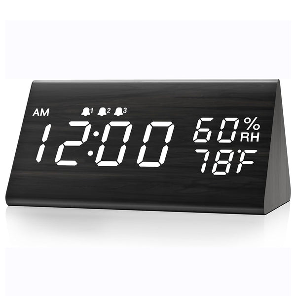 Wooden LED Digital Alarm Clock with USB Power and Night Light Display Black