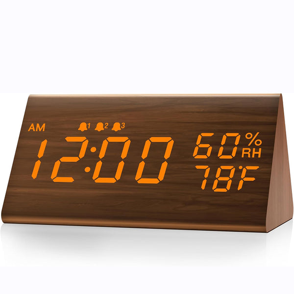 Wooden LED Digital Alarm Clock with USB Power and Night Light Display Brown