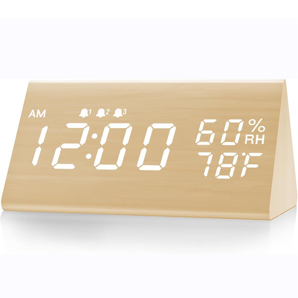 Wooden LED Digital Alarm Clock with USB Power and Night Light Display Bamboo White