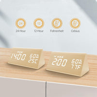 Wooden LED Digital Alarm Clock with USB Power and Night Light Display Bamboo White