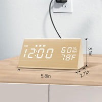 Wooden LED Digital Alarm Clock with USB Power and Night Light Display Bamboo White