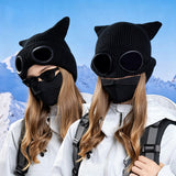 Double Layer Winter Beanie with Goggles Cute Cat Ear Knit Hat for Winter Black