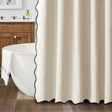 Shower Curtain Linen Textured with Hooks Wavy Edge Washable Waterproof Beige