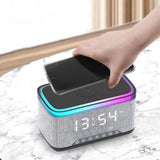4-in-1 Bluetooth Stereo Sound Speaker with RGB Light Fast Wireless Phone Charger Alarm Clock White Noise Machine Black