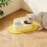 Ceramic Double Bowl Pet Feeding Set with Elevated Stand and Non-Slip Mat Yellow
