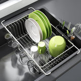 Stainless Steel Over Sink Dish Drying Rack Expandable with Utensil Holder Silver