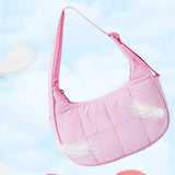 Small Nylon Quilted Crescent Shoulder Bag for Women with Adjustable Strap Mauve