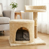 Cat Tree Tower Small with Enclosed Condo Scratching Post Hanging Toy Beige