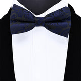 4 Piece Pre Tied Bow Tie Pocket Square and Cufflink Set Jacquard Dark Blue