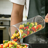 2 PCS Stainless Steel Rolling Grill Baskets with Engineered Wood Handles