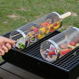 2 PCS Rolling Grill Basket 304 Stainless Steel Grill Basket with Removable Wooden Handle