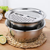 3Pcs Multifunctional Stainless Steel Basin 3 in 1 Stainless Steel Basin Strainer Set for Rinsing Draining Mixing