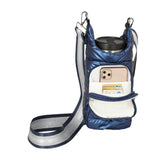 Quilted Insulated Water Bottle Carrier Bag Stylish Puffer Crossbody Hydrowater Pouch with Card Holder Pocket Dark Blue