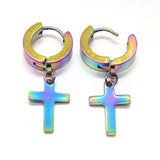 Unisex Cross Dangle Hoop Huggie Earrings – Stainless Steel Ear Studs for Men & Women