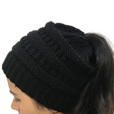 Women's High Bun Ponytail Hat Cable Knit Winter Beanie for Girls Black