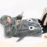 Shark Hoodie Blanket Cartoon Sleeping Wearable Adult Throw Blanket Grey