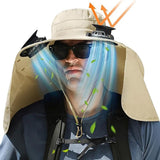 Outdoor Wide Brim Sun Hat with 2 Solar Fan Sun Bucket Hat for Fishing Camping Hiking Khaki