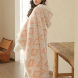 Winter Warm Blanket Jacquard Thickened Multi-Functional Blanket with Hood and Gloves Pink