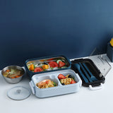 Stackable 3-Compartment Bento Box Lunch Containers with Dinnerware & Seal Cover Blue