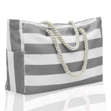 Large Striped Zipper Beach Tote Bag for Travel & Outdoor Vacations Grey