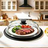 Microwave Splatter Cover Glass with Handle Dual Vents Silicone Trivet Black