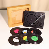 6 Pcs Retro Vinyl Record Coasters with Record Player Stand Gift Style 2