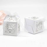 50 PCS Laser Cut Pearl Paper Candy Favor Boxes with Ribbons White