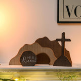 4Pcs Set Wooden Empty Tomb Easter Scene and Cross Decoration Home Office Tabletop Shelf Decor