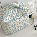 Large Travel Make Up Organizer Bag Floral Cute Cosmetic Bag for Women Girls Aesthetic Toiletry Bag Blue
