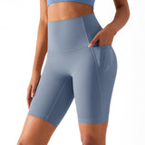 Women High Waist Biker Yoga Shorts with Pockets Mist Blue
