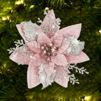 10Pcs Red and Gold Poinsettia Artificial Christmas Flowers – Xmas Tree Ornaments Pink