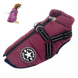 Waterproof Dog Winter Coat with Harness Reflective Warm Dog Jacket with Fleece Lining Purple