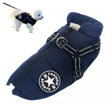 Waterproof Dog Winter Coat with Harness Reflective Warm Dog Jacket with Fleece Lining Blue