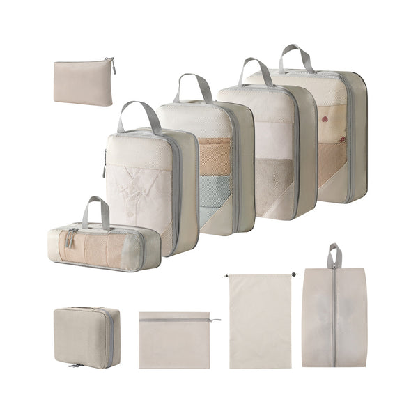 10Pcs Compression Packing Cubes Suitcase Organizer Bag Luggage Storage Beige