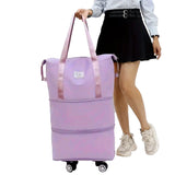Expandable Wheeled Travel Duffle Bag Travel Foldable Rolling Gym Bag with Wheels Weekend Bag Purple