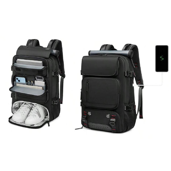 Large Travel Backpack Water Resistant Laptop Backpack Camping Rucksack With Separate Shoe Pocket Black