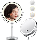 Rotating Double-Side Makeup Mirror 1X/10X Magnifying Cosmetic Mirror with Adjustable LED Light Silver