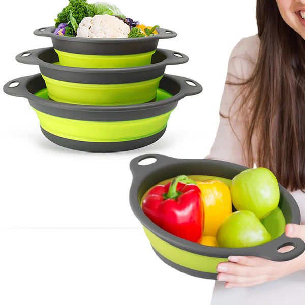 3Pcs Set Foldable Colanders for Vegetables Fruit Draining Baskets with Base Green