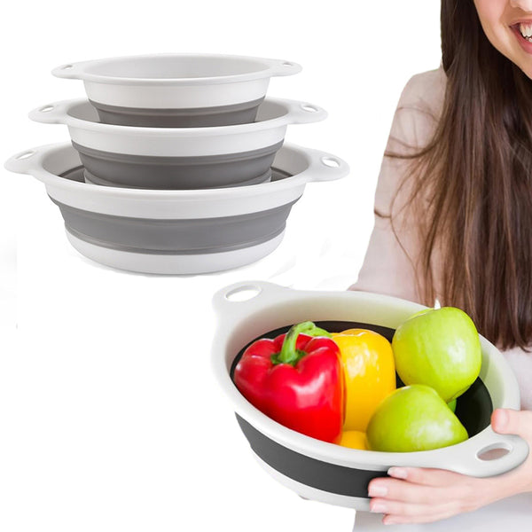 3Pcs Set Foldable Colanders for Vegetables Fruit Draining Baskets with Base Grey
