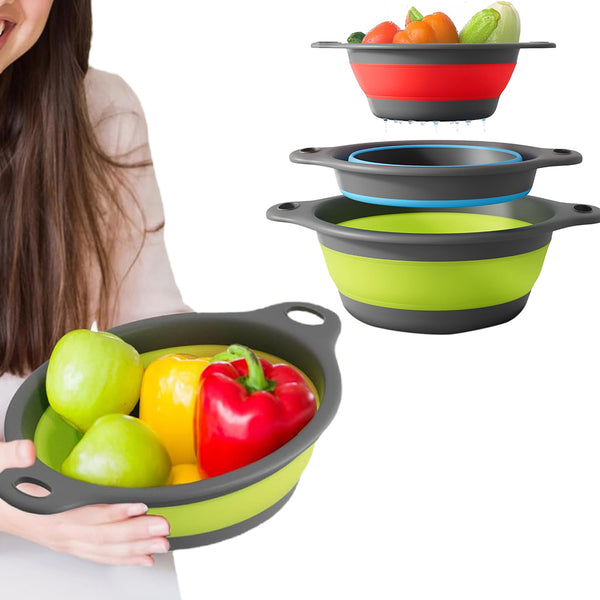 3Pcs Set Foldable Colanders for Vegetables Fruit Draining Baskets with Base Multicolor