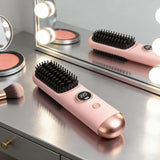 Cordless LCD Hair Straightening Brush 2-in-1 Portable Pink