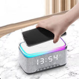 4-in-1 Bluetooth Stereo Sound Speaker with RGB Light Fast Wireless Phone Charger Alarm Clock White Noise Machine White