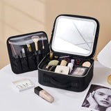 Travel Makeup Bag with Lighted Mirror Cosmetic Train Case with Adjustable Dividers Black