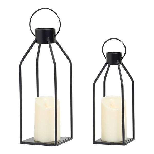 2Pcs Electric Candle Lanterns Modern Black Metal Lantern Christmas Home Decor