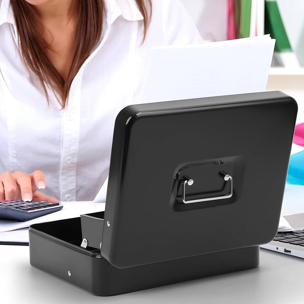 Locking Cash Box with Lock Money Box with Cash Tray Secure Box Black ...
