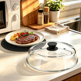Microwave Splatter Cover Glass with Handle Dual Vents Silicone Trivet Black