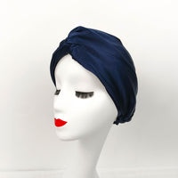 100% Silk Bonnet Sleep Cap for Women Hair Care Adjustable Knotted Turban Hat Navy