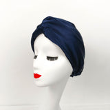 100% Silk Bonnet Sleep Cap for Women Hair Care Adjustable Knotted Turban Hat Navy