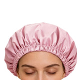 Reusable Polyester Satin Shower Cap Double-Layer Water-Resistant for Women Light Pink